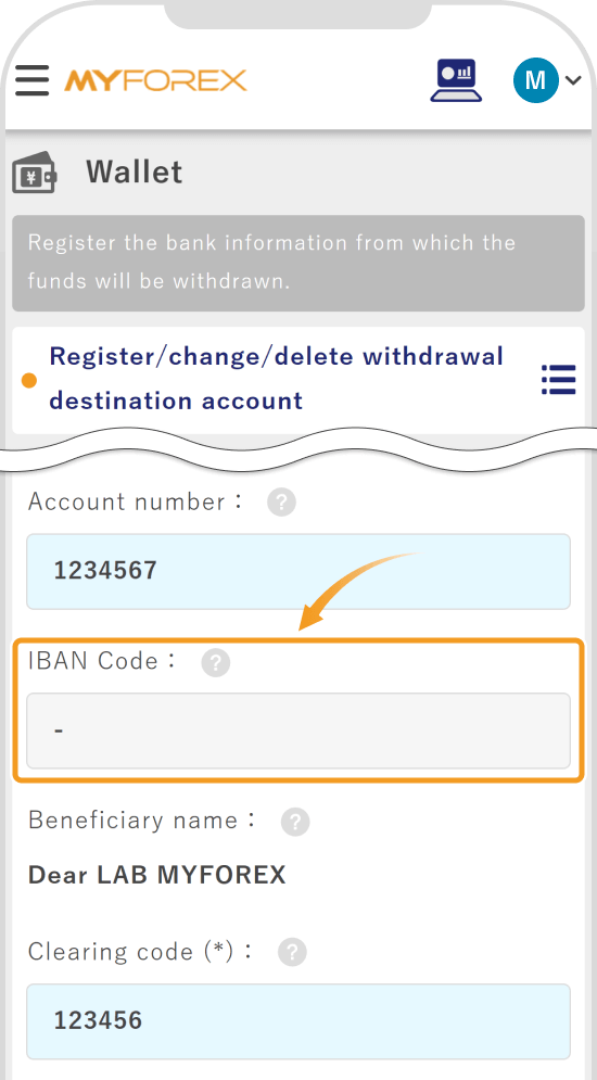 Bank account registration/IBAN