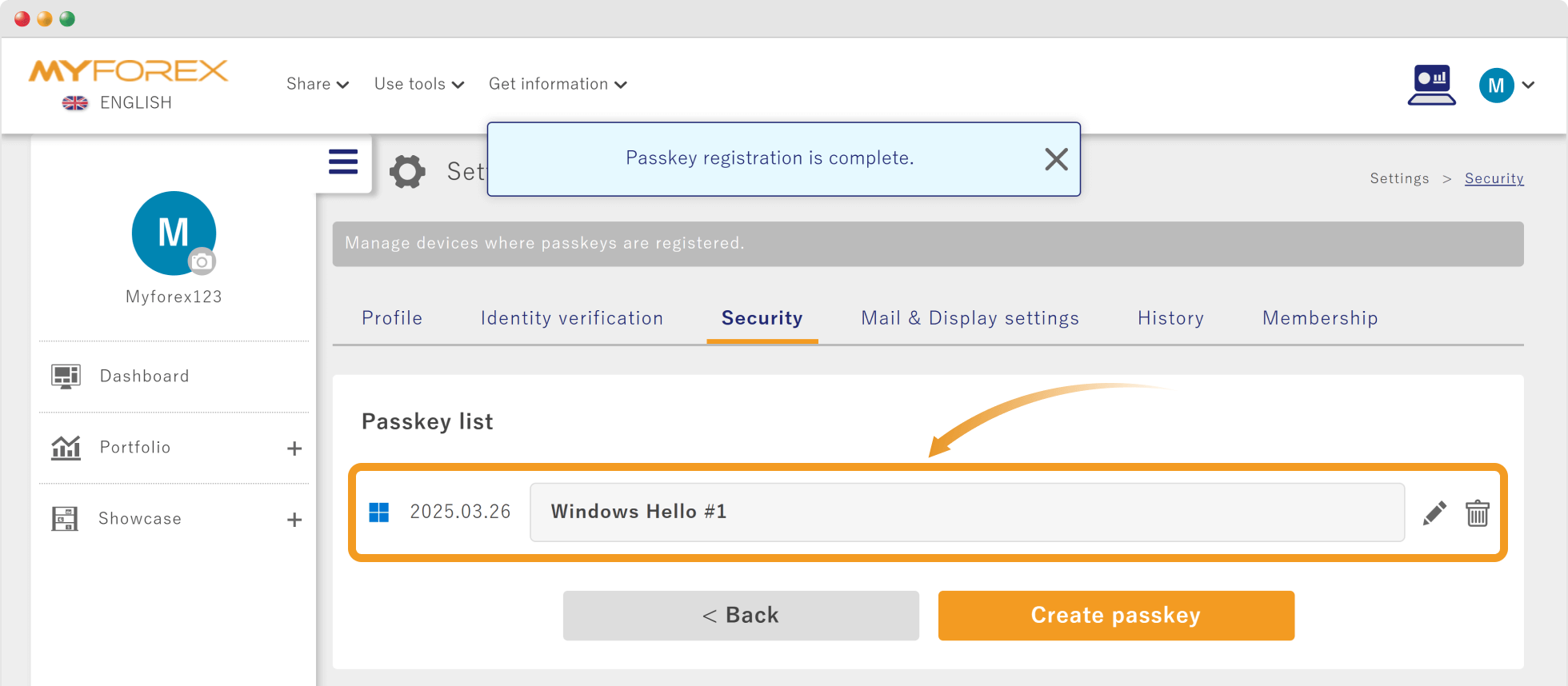 Passkey registration complete