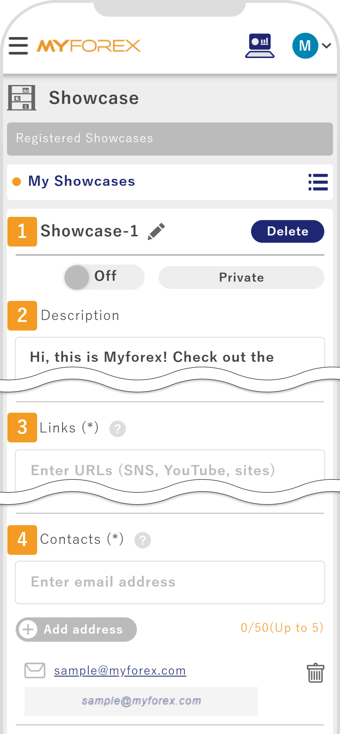 Showcase editing screen