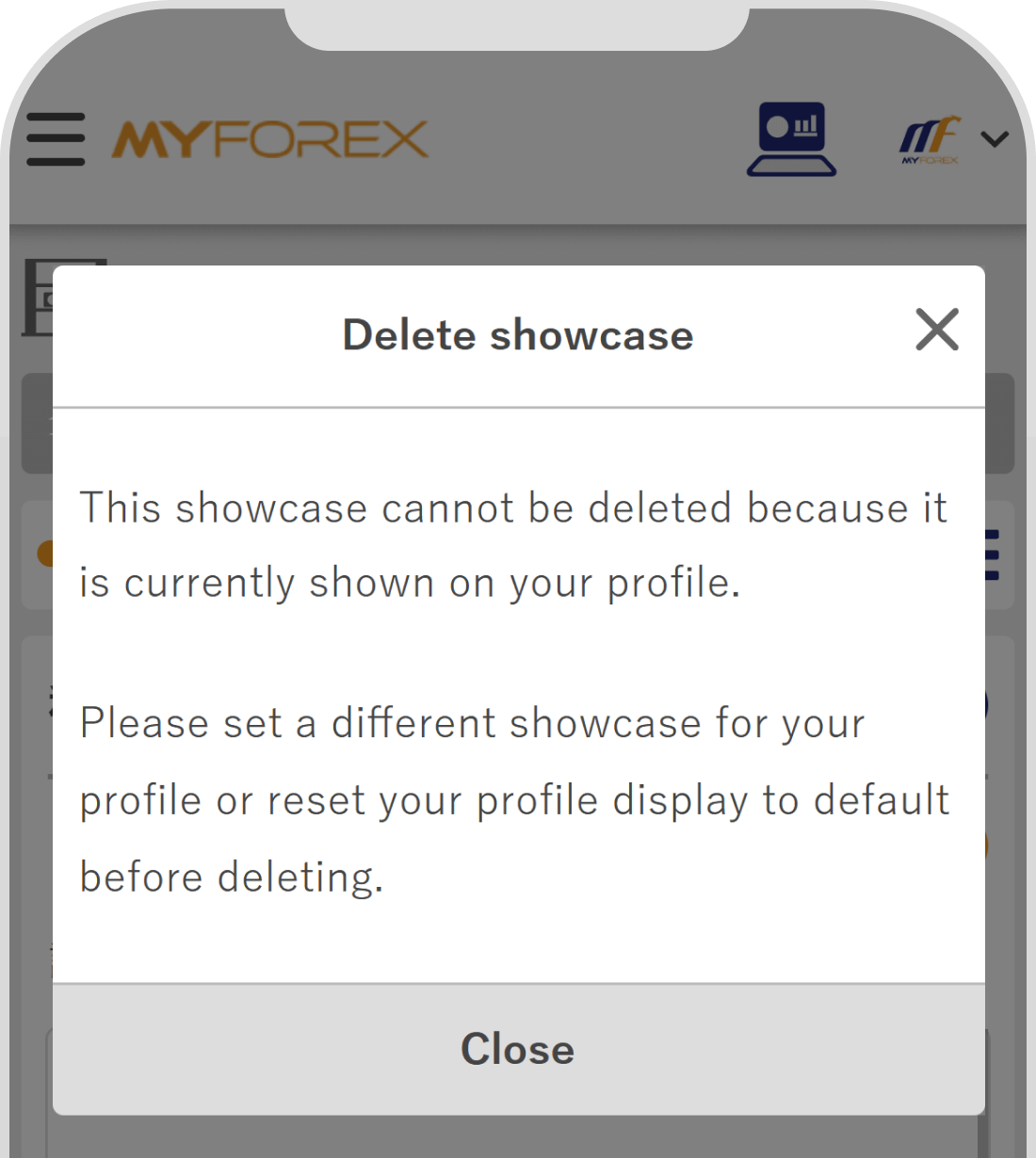 Showcase deletion error screen