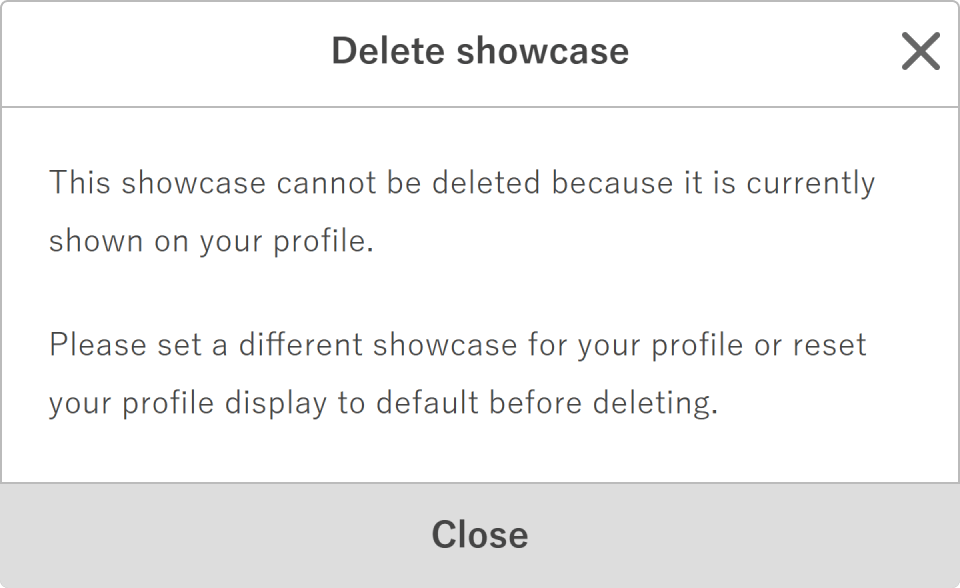 Showcase deletion error screen