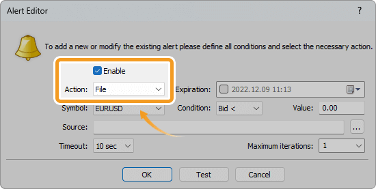 Choose File as the action on the Alert Editor