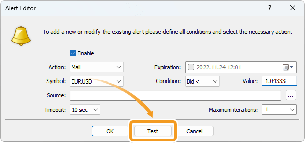 Test the email on the Alert Editor