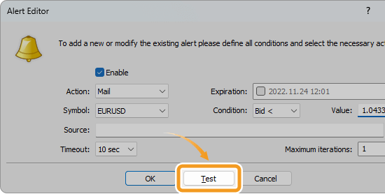 Test the email on the Alert Editor