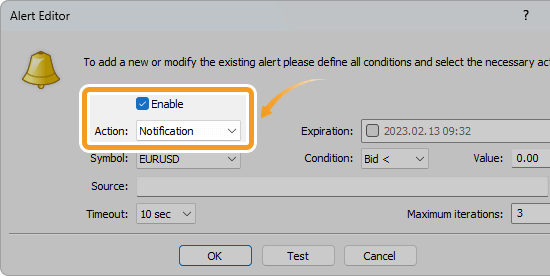 Select Notification in the Action field