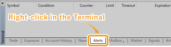 Right-click in the Alerts tab of the Terminal