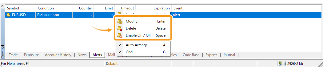 Modify, delete, or enable/disable the alert