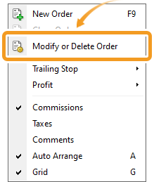 Right-click to show Modify or Delete Order