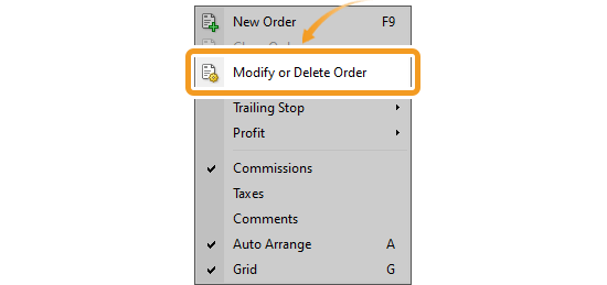 Right-click to show Modify or Delete Order