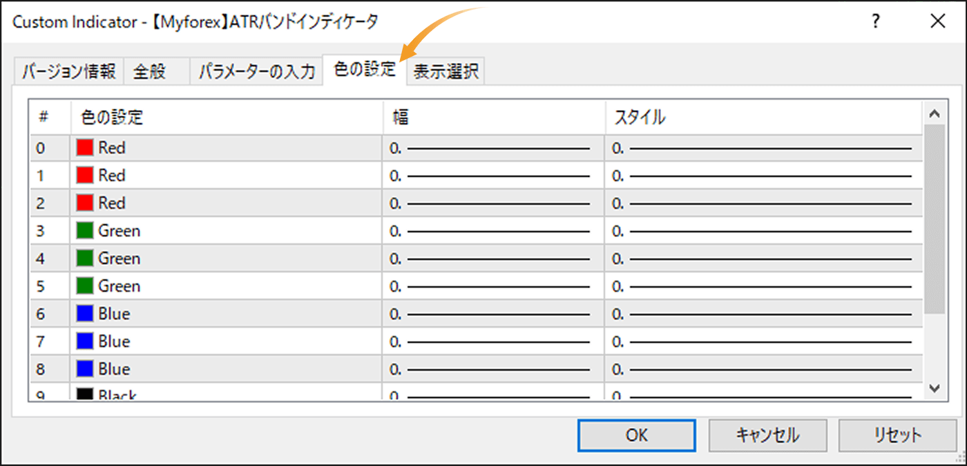 「色の設定」タブの設定