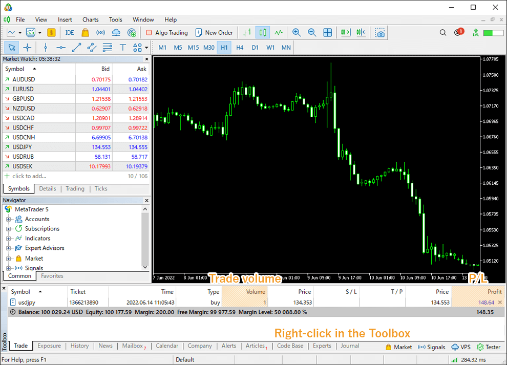 Right-click on the position in the Trade tab of the Toolbox