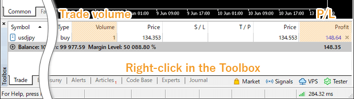 Right-click on the position in the Trade tab of the Toolbox