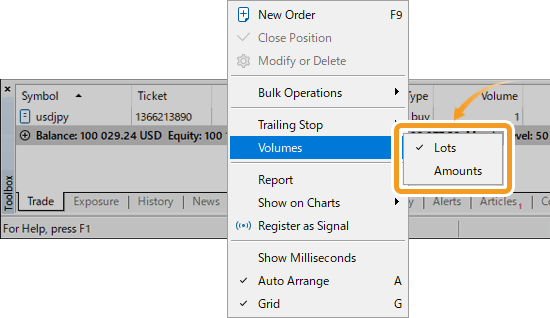 In the context menu, hover the pointer over Volumes and choose a unit