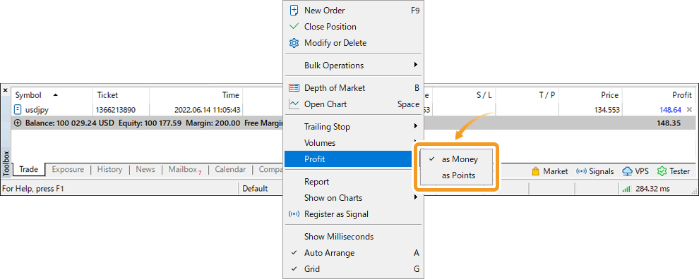 In the context menu, hover the pointer over Profit and choose a unit