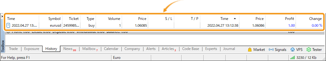 Once the order is executed, the order details will be shown in the History tab of the Toolbox