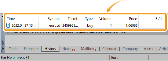 Once the order is executed, the order details will be shown in the History tab of the Toolbox