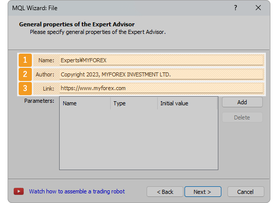 The properties settings for an Expert Advisor