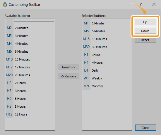 To rearrange the display order of the timeframes