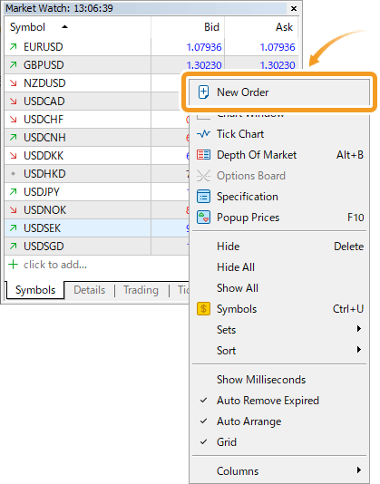 Right-click on the symbol to trade and select New Order