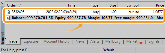 Check an executed order in the Trade tab of the Terminal