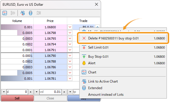 Delete limit/stop orders on the Depth of Market window