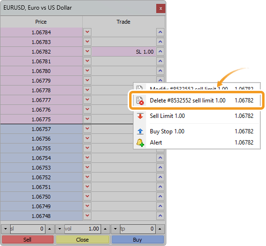 Delete a limit/stop order on the Depth of Market