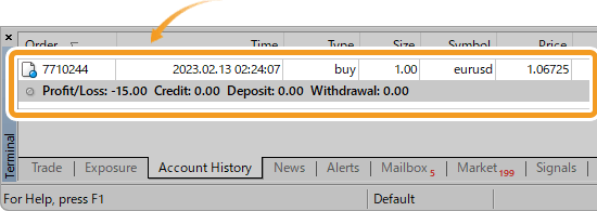 Closed positions in the Account History tab of the Terminal