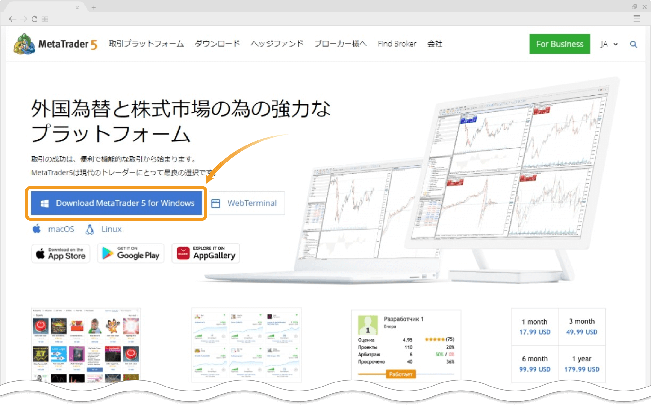 Windows版 MetaTrader５のダウンロードリンクをクリック