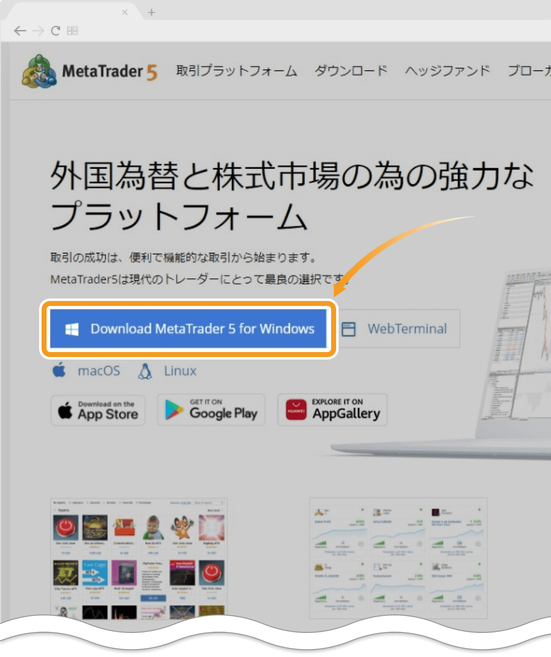 Windows版 MetaTrader５のダウンロードリンクをクリック