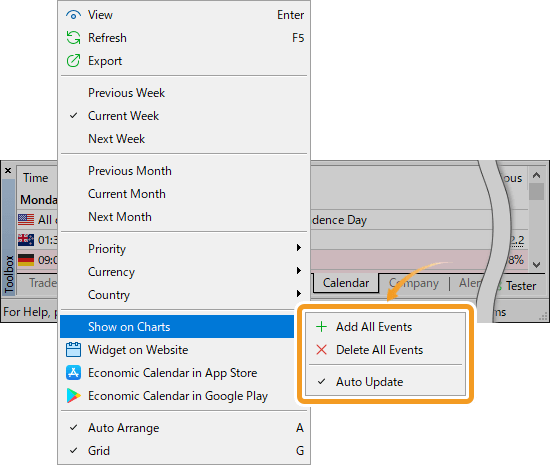 To show or hide the calendar on the chart, right-click in the Toolbox. Select Delete All Events to hide it, or select Add All Events to show it
