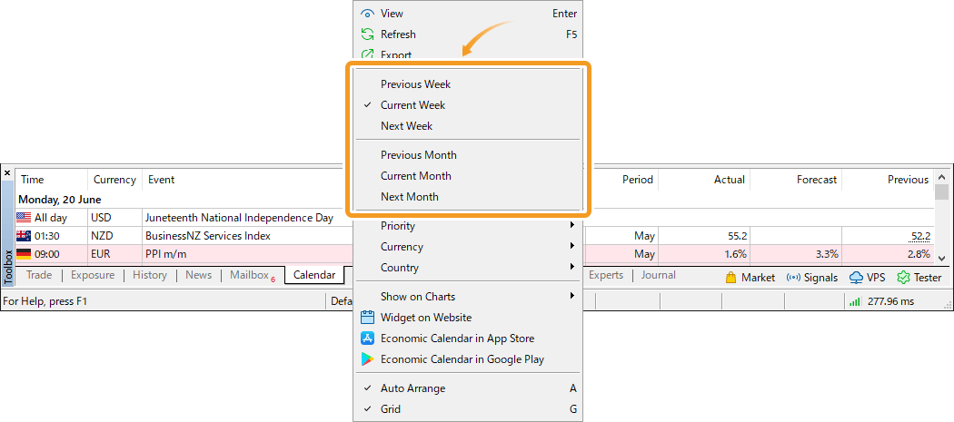 To change the period of the calendar to show, right-click in the Toolbox and choose your preferred period