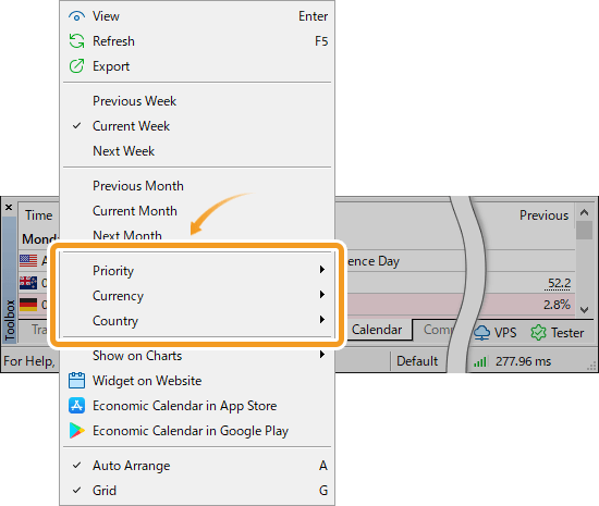 Move the pointer over Priority to filter by impact, Currency to filter by currency, or Country to filter by country, and uncheck the unnecessary items