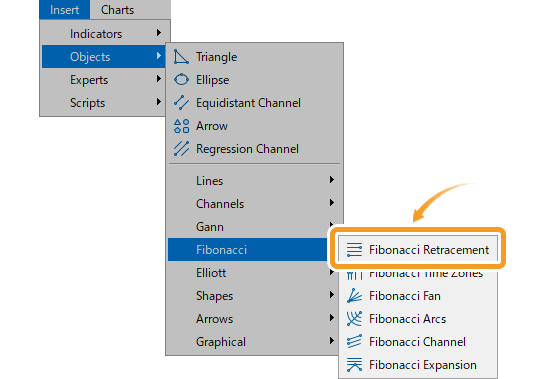 Click Insert in the menu. Hover the pointer over Objects > Fibonacci and select Fibonacci Retracement