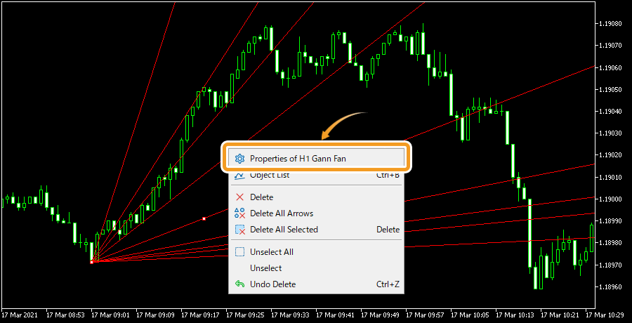 Right-click near the Gann fan and select Properties