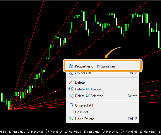 Right-click near the Gann fan and select Properties