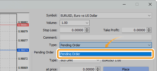 Click the Type field and select Pending Order