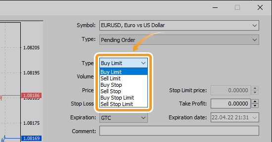 Click the Type field and select a type of limit/stop/stop-limit order