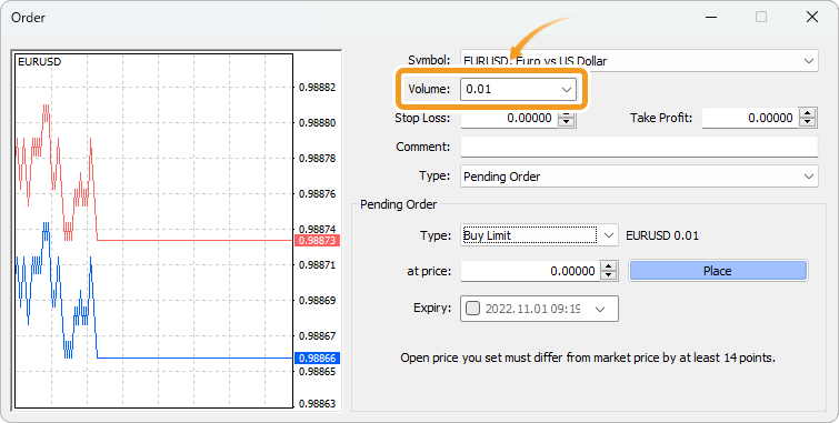 Set the trade volume for limit order