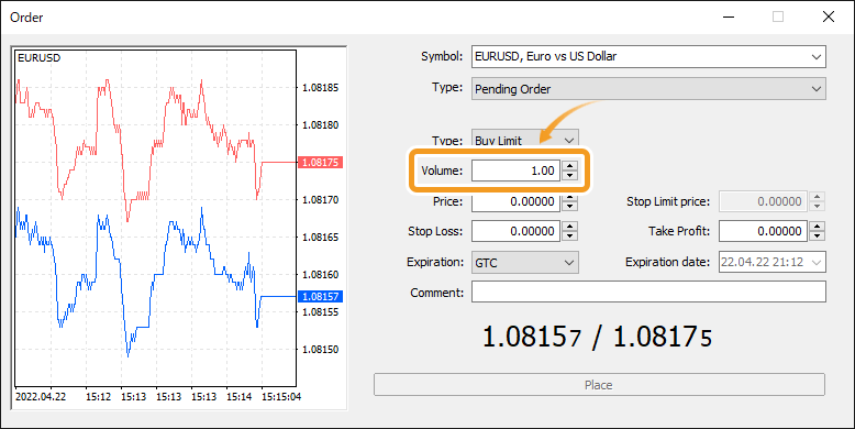 Set the trade volume in lots in the Volume field