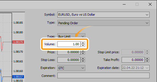 Set the trade volume in lots in the Volume field