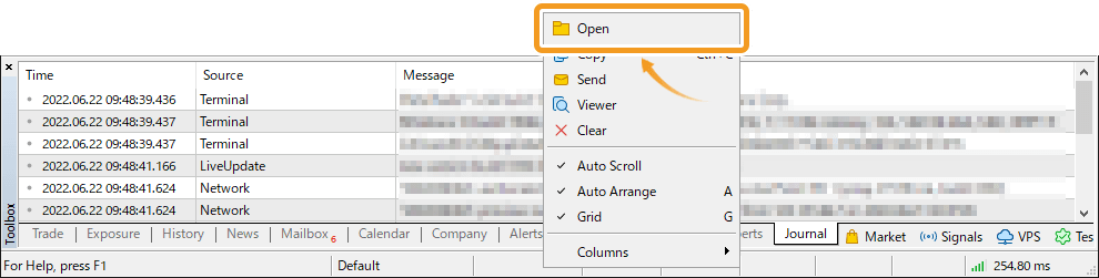 Right-click in the Journal tab and select Open