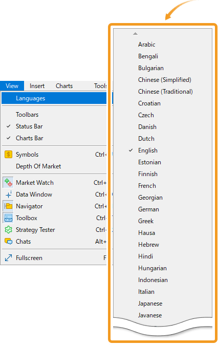 Click View in the menu and hover the pointer over Languages to select your preferred language from the list