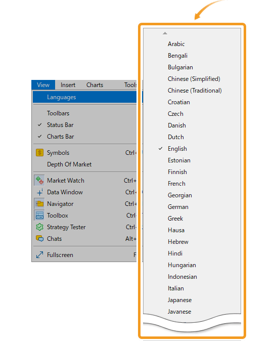 Click View in the menu and hover the pointer over Languages to select your preferred language from the list