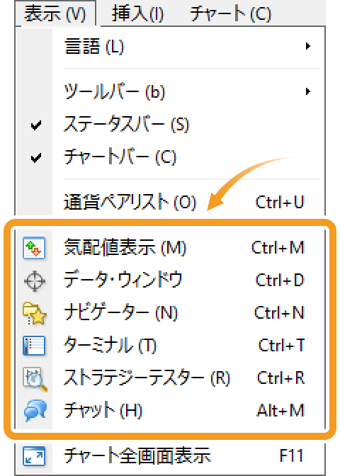 メニューバーの「表示」から再表示したい項目を選択