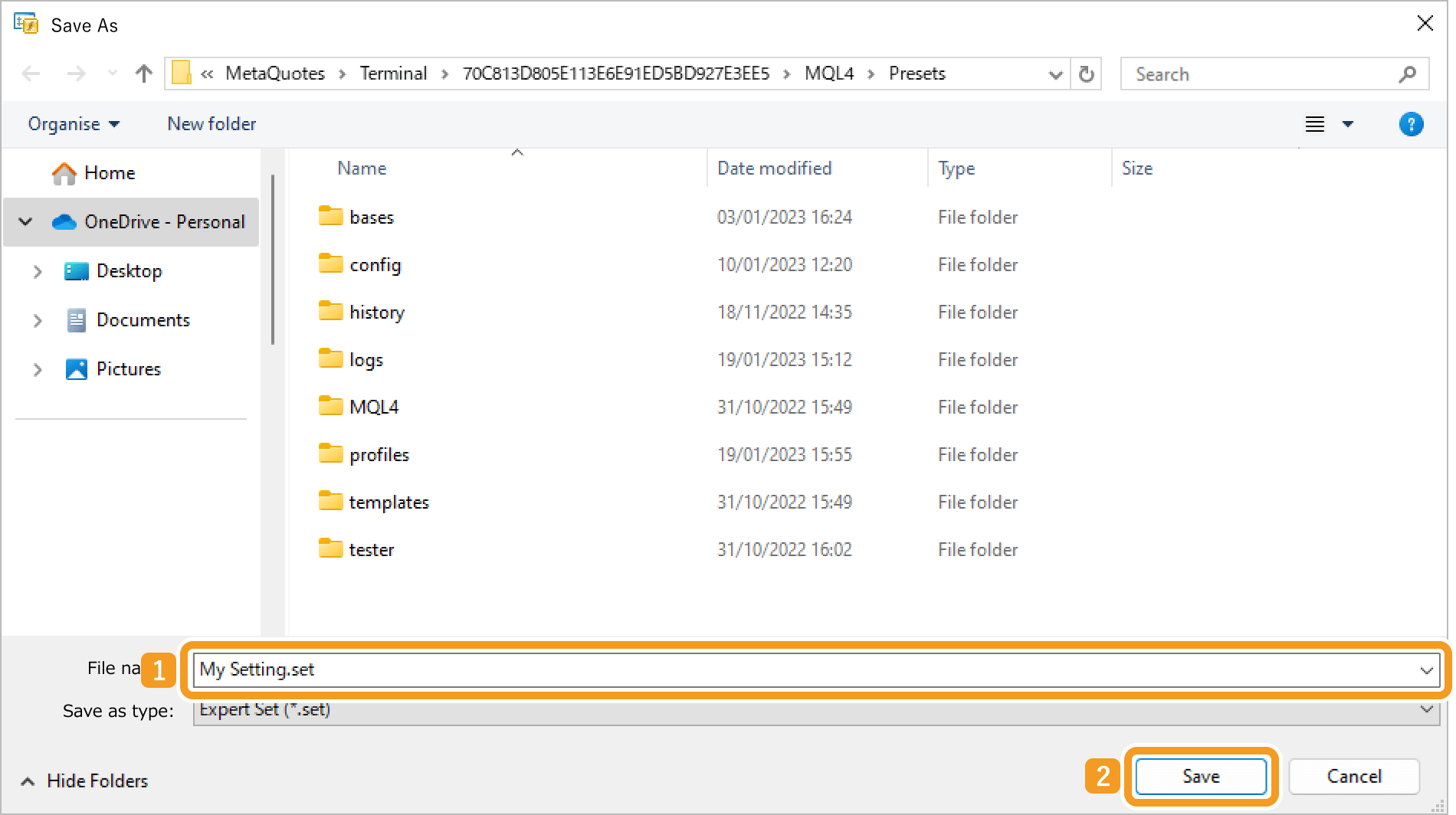 Save a settings file
