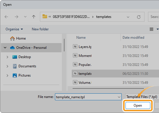 Select a template file to load and click Open