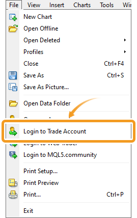 Click File in the menu and select Login to Trade Account