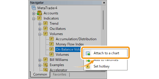 Right-click on On Balance Volume and select Attach to a Chart