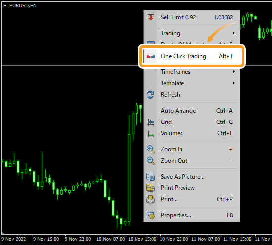 Open a context menu on the chart and click One Click Trading