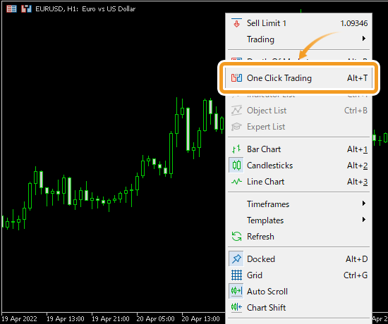 Right-click on the chart and select One Click Trading